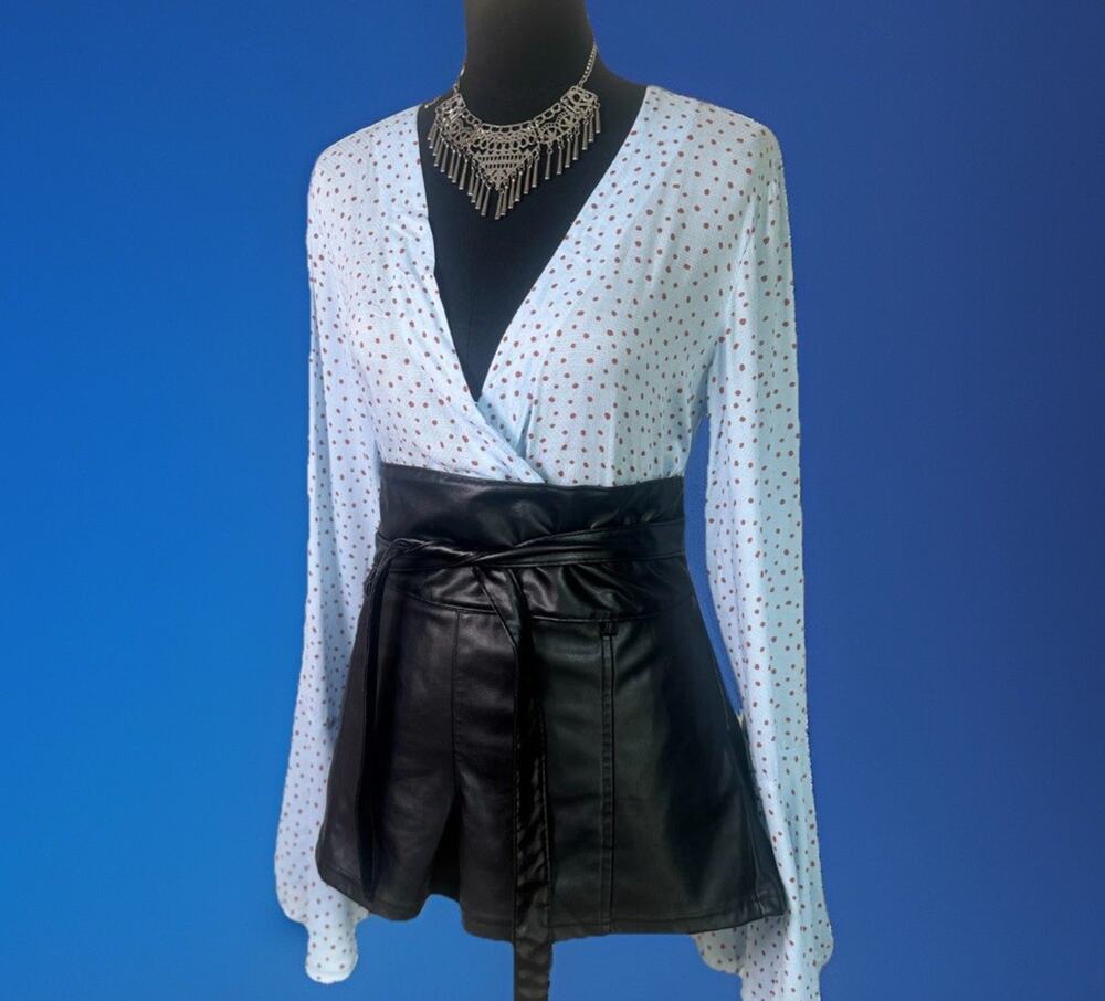 Free People Intimately Bodysuit Blue Rust Polka Dot Bell Sleeve Surplice Boho